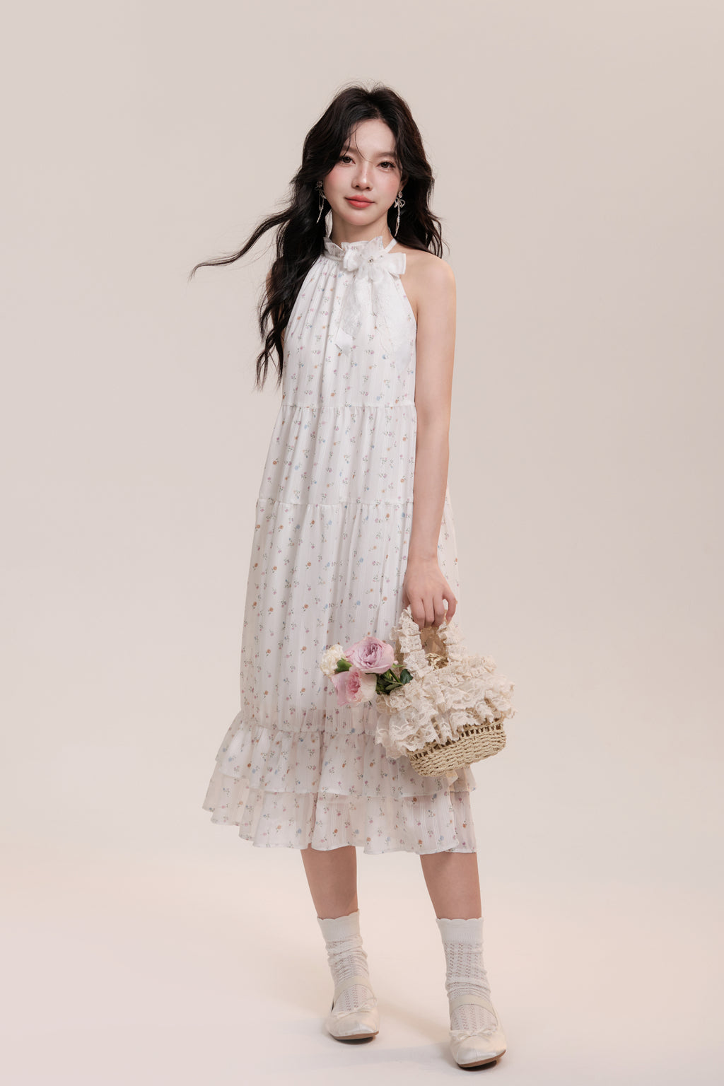 Floral Frill Neck Long Flowy Dress With Bow