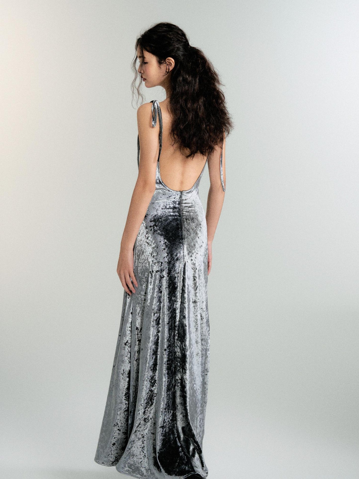 Velvet Flowing Open Back Evening Strap Dress