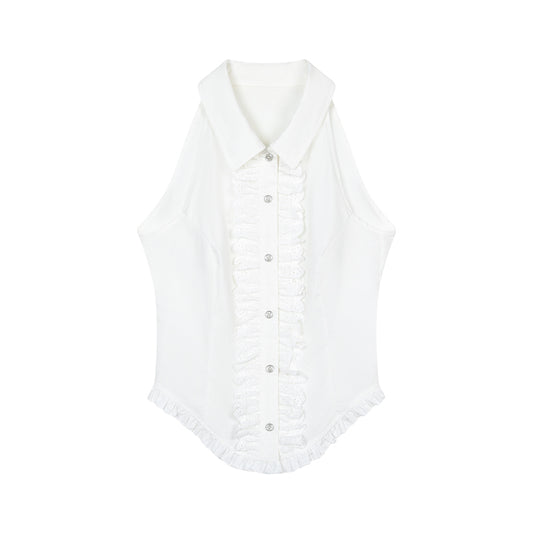 Sleeveless Frilled Lace Placket Round Hem Shirt