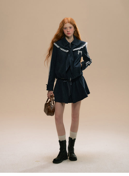 Lace Stripe Jacket With Sailor Collar, Matching Skirt