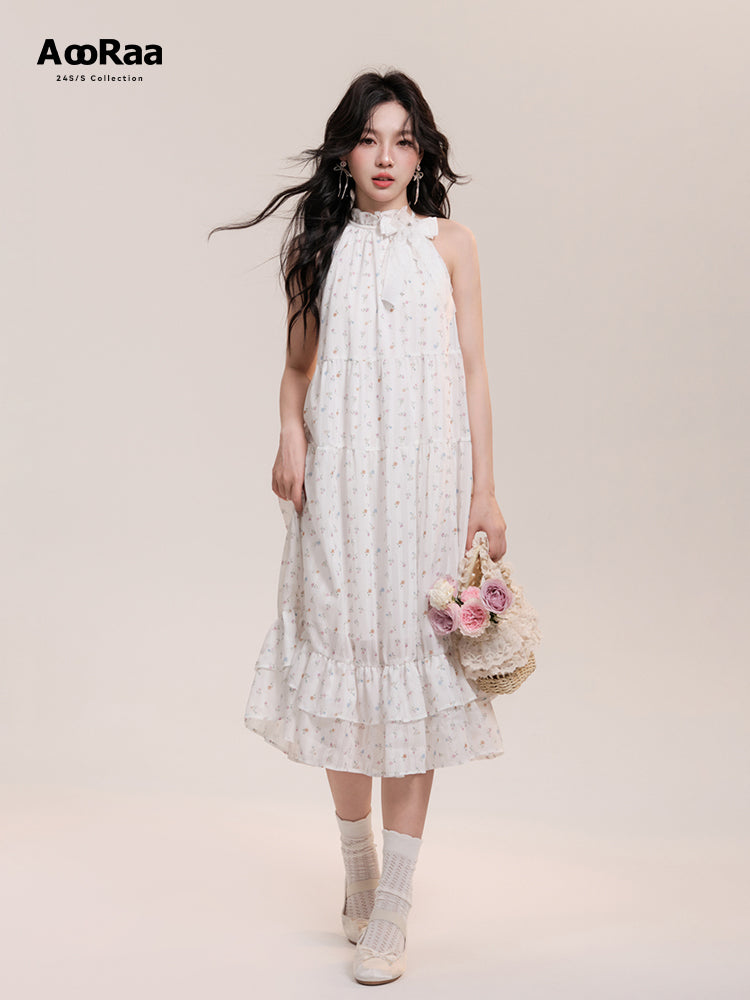 Floral Frill Neck Long Flowy Dress With Bow