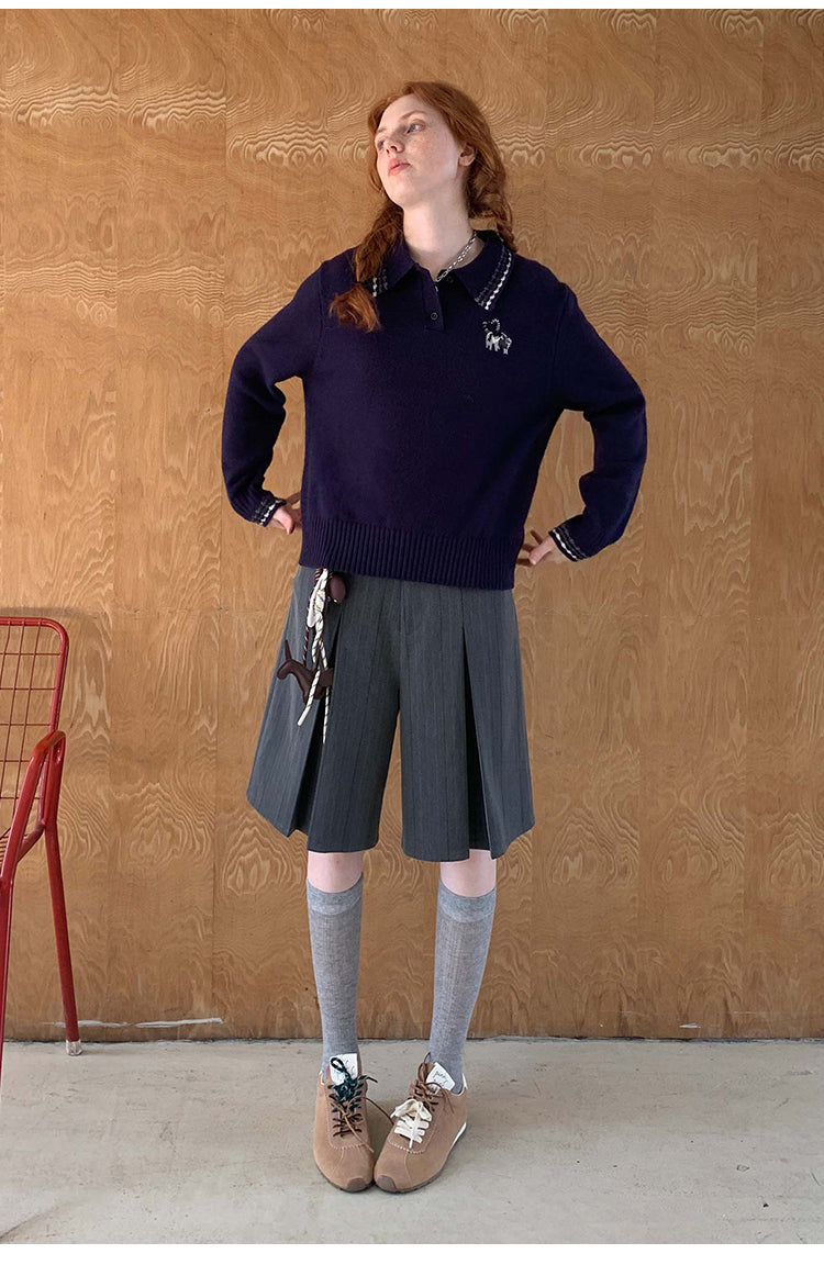 Cat Heart Embroidery Tipping Polo Knit Sweater