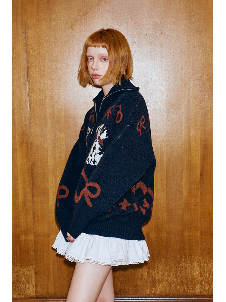 Dog Pattern Turtle Neck Zip Front Cardigan