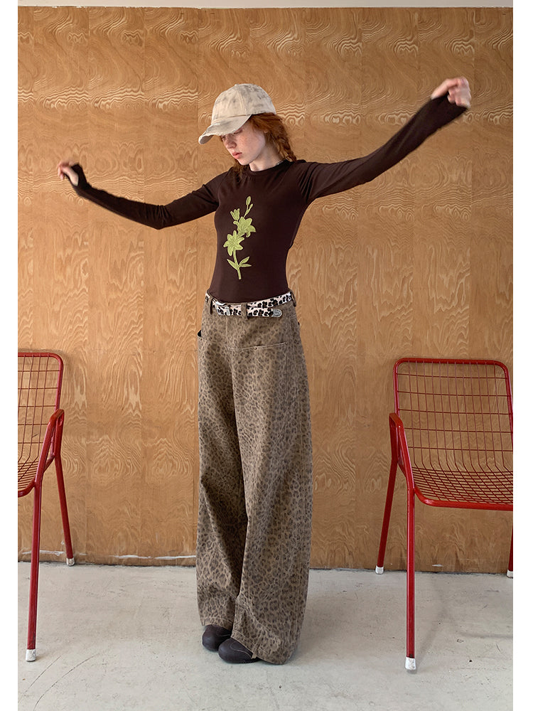 Mid Rise Straight Wide Leg Pants In Leopard, Plain