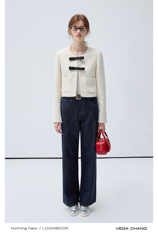 Wool Blend Textured Jacket With Faux Leather Bows