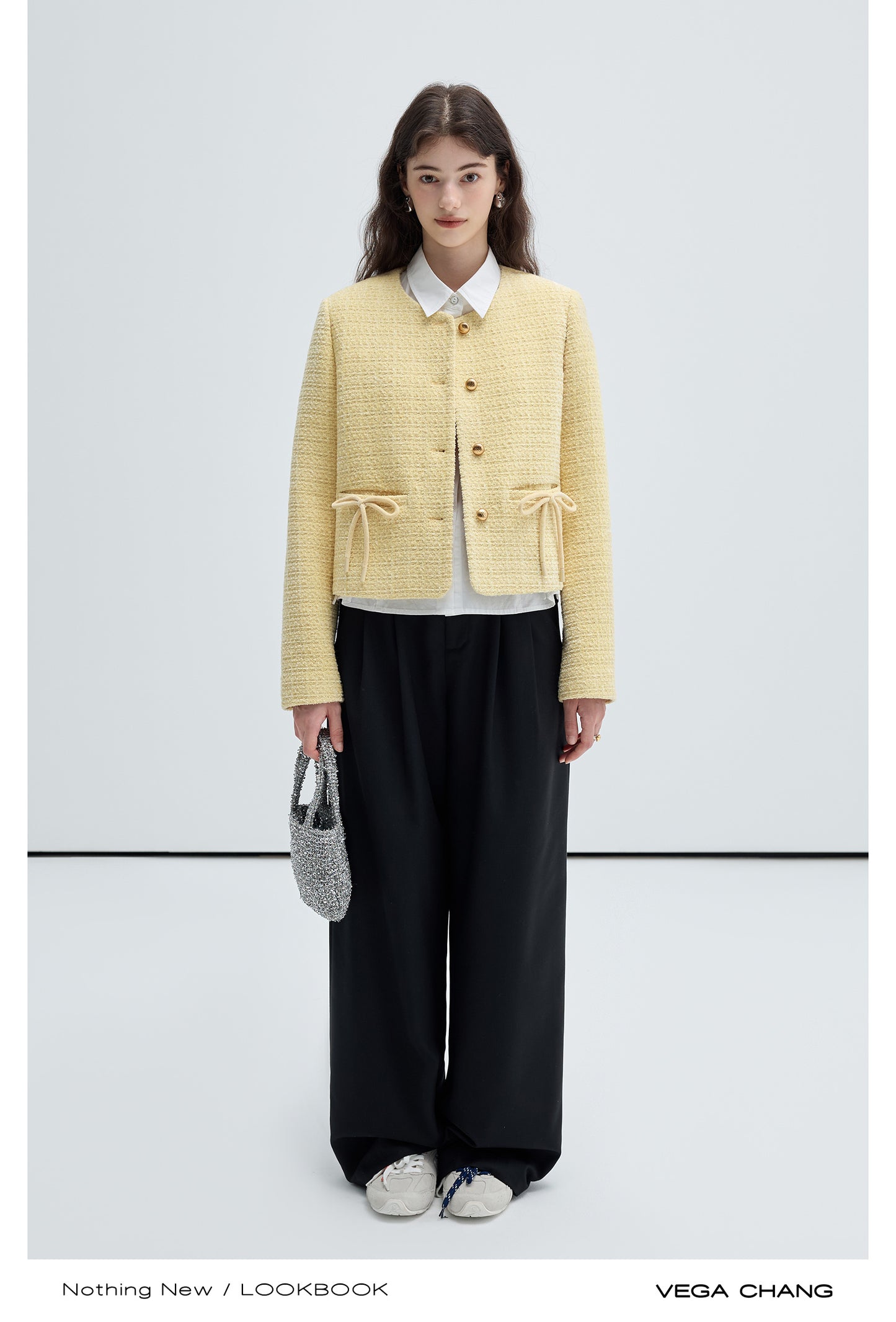 Bow Detail Collarless Tweed Wool Blend Jacket