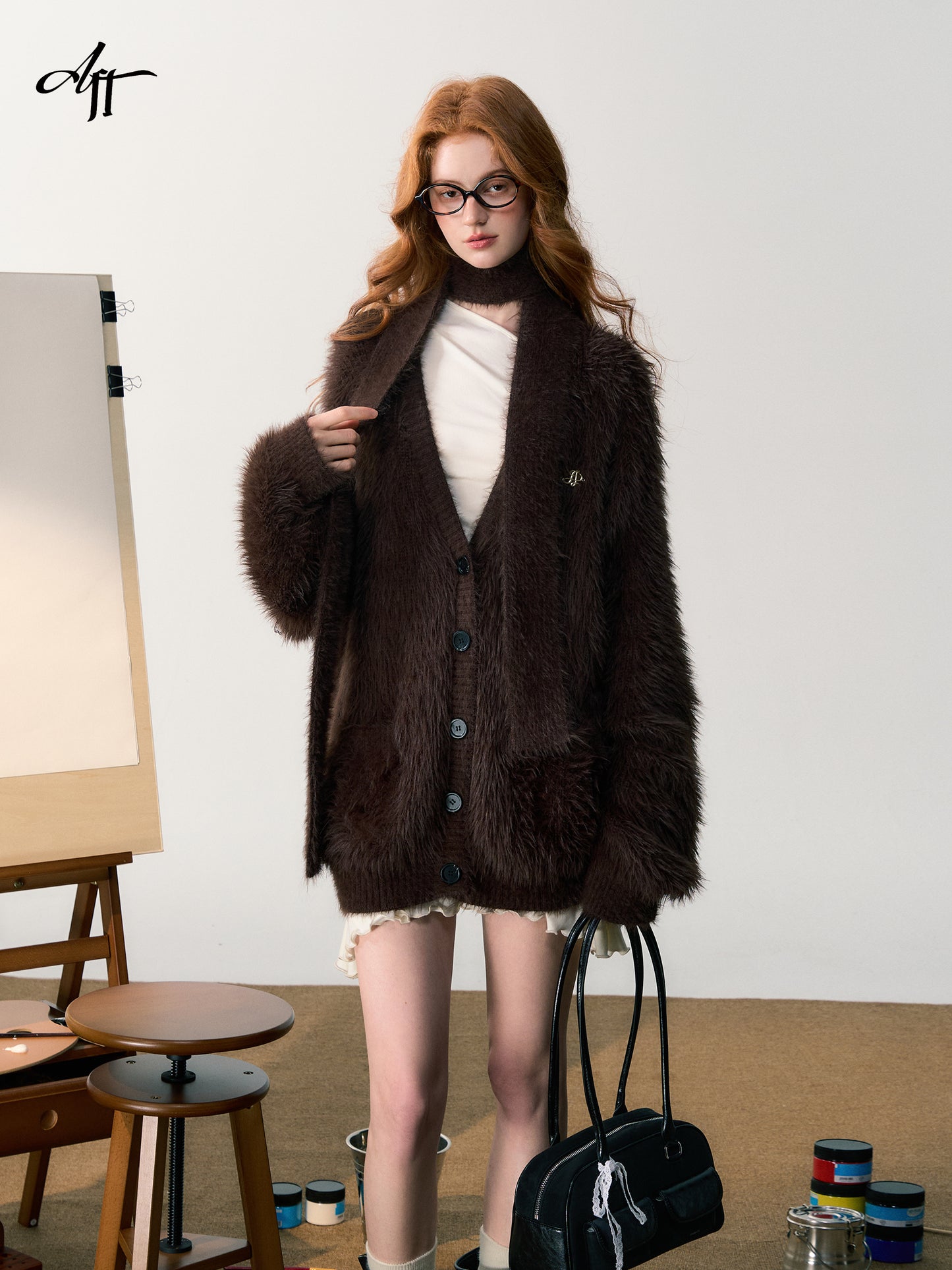 Faux Fur V-Neck Slouchy Cardigan With Scarf