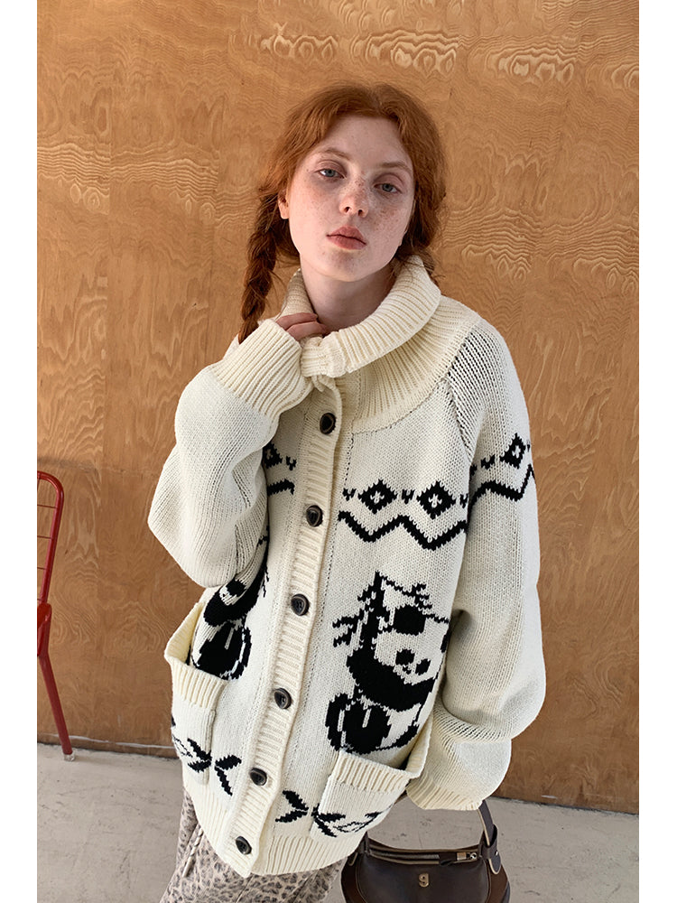 High Neck Panda Contrast Knitted Cardigan