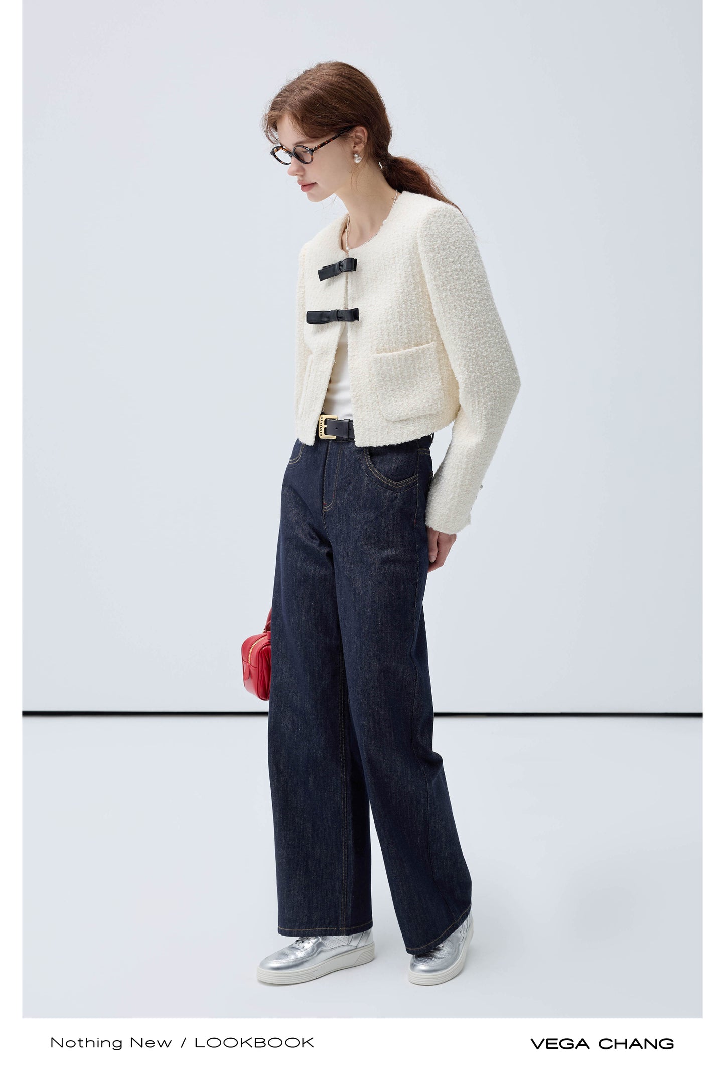 Wool Blend Textured Jacket With Faux Leather Bows
