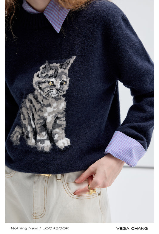 Jacquard Crew Neck Kitten Sweater