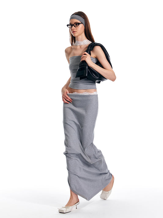 Lace Trimmed Elastic Low Waist Long Slit Skirt