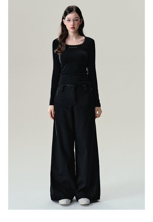 Lace Trimmed Square Collar Thermal Fleece Lined Top