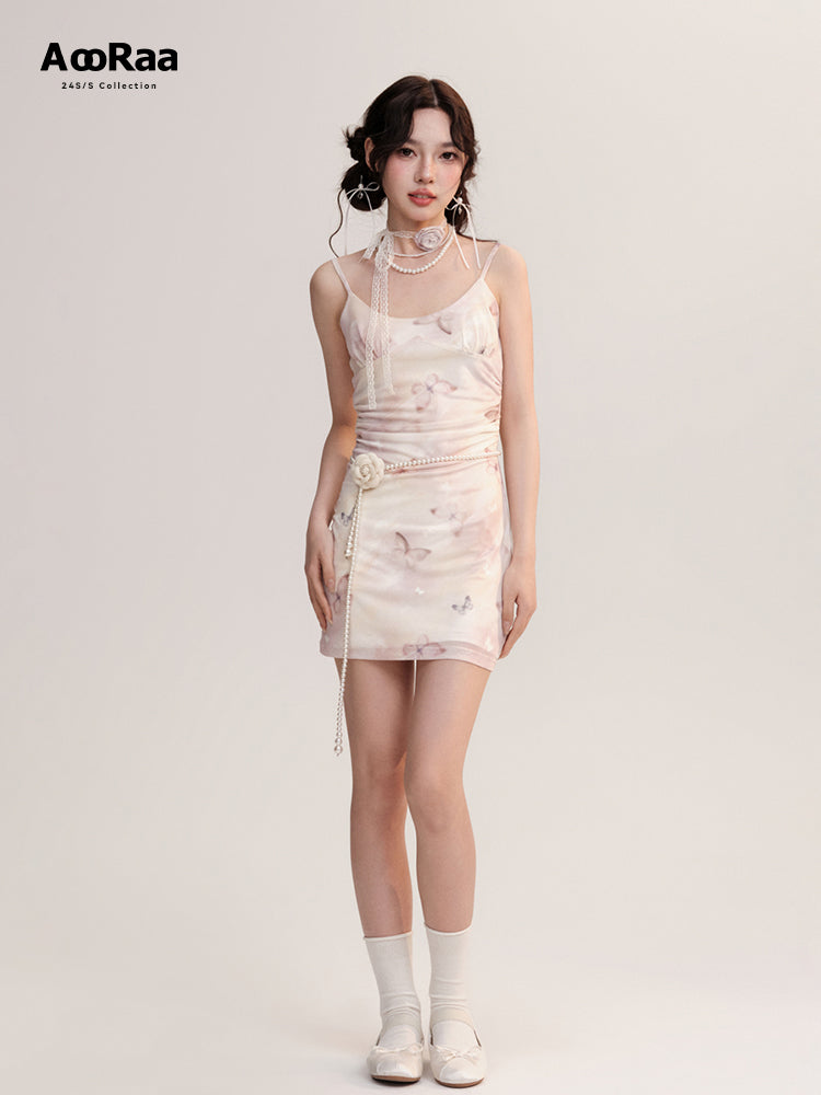 Butterfly Mesh Mini Cami Dress And Flower Necklace