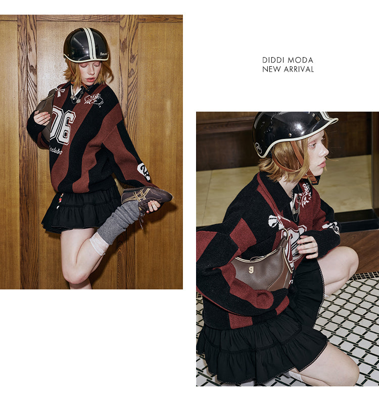 Polo Collar Football-Inspired Casual Sweater