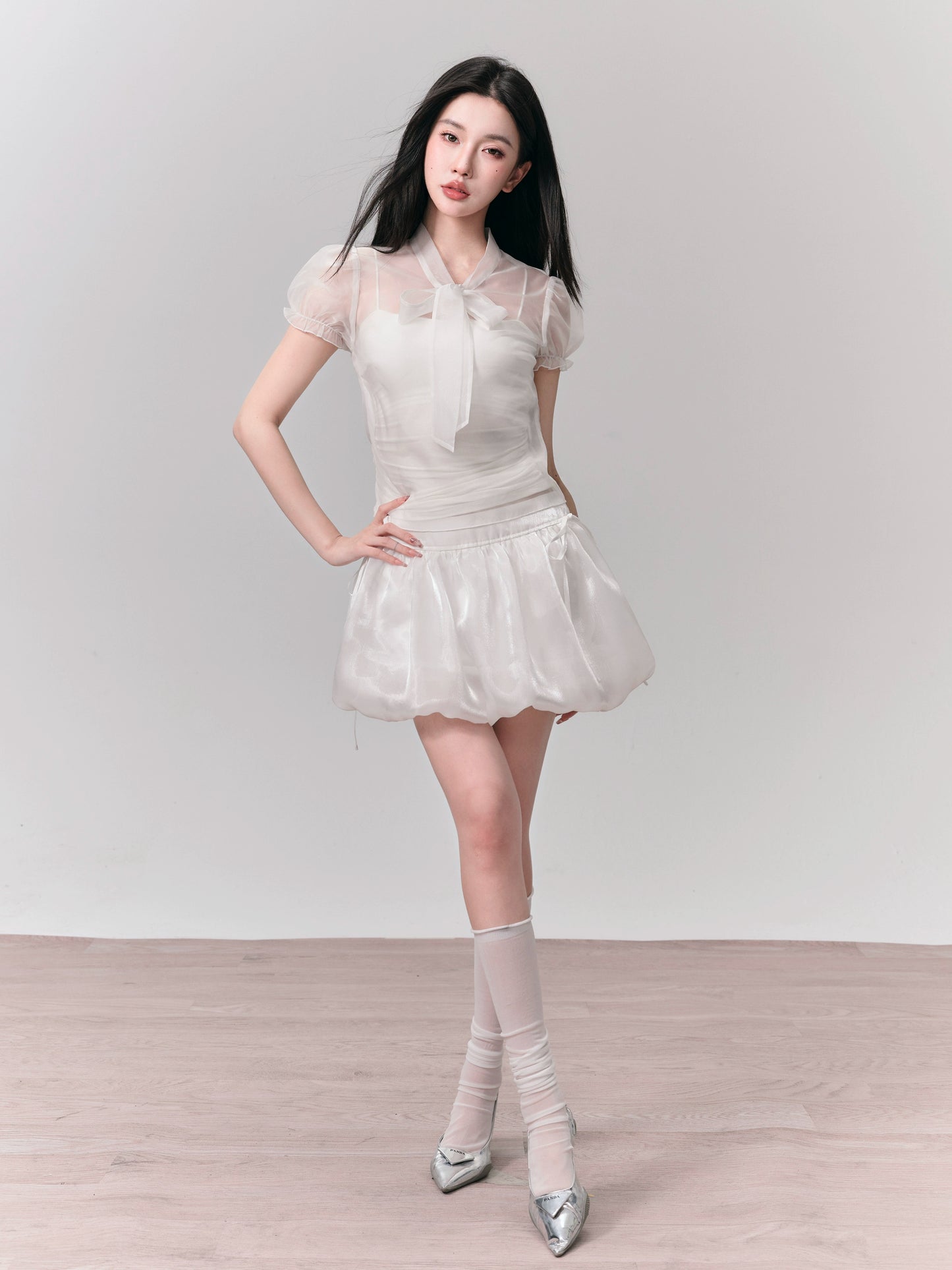 Puff Sleeve Organza Bow Tie Blouse and Mini Bubble Skirt