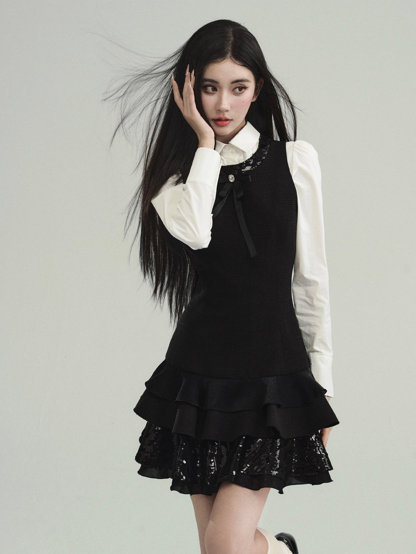 Sequin Accent Waist-Defined Dress And Short Jacket