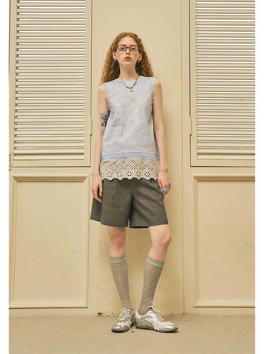 Lace Bow Embroidery Striped Sleeveless Top With Shirred Neck