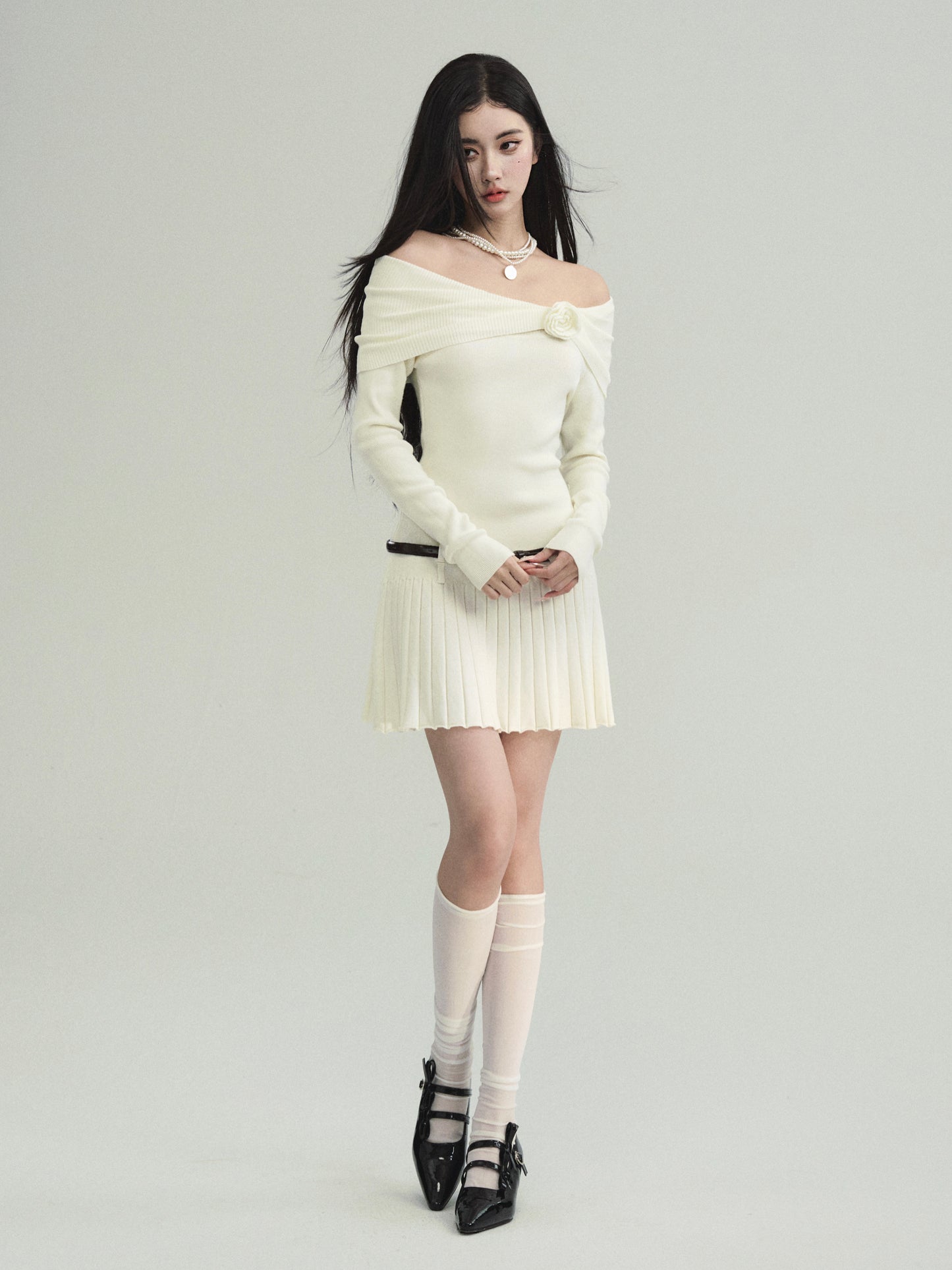 Rose Off Shoulder Rib Knit Fitted Short Dress