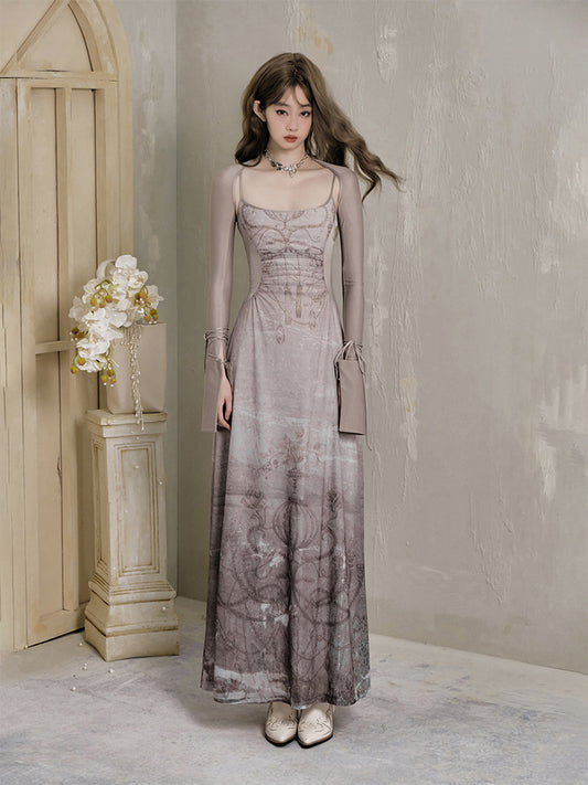 Fitted Printed Long Dress And Extended Sleeve Top