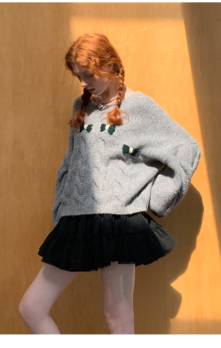 Bow Accent Drop Shouldered Knit Sweater