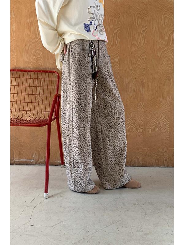 Mid Rise Straight Wide Leg Pants In Leopard, Plain