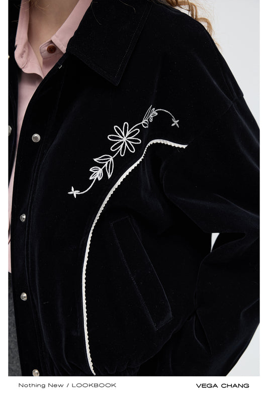Flower Embroidered Velvet Buttoned Jacket