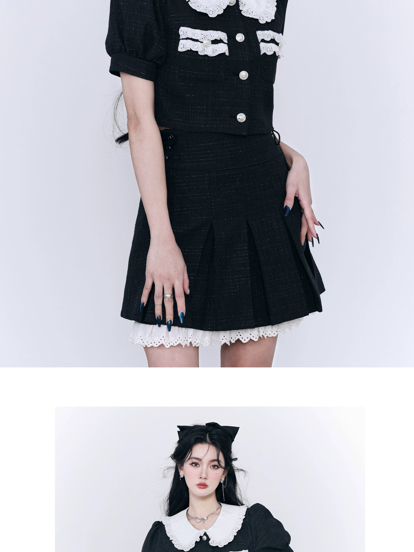 Tweed Suit Style Peter Pan Collar Blouse And Pleated Skirt