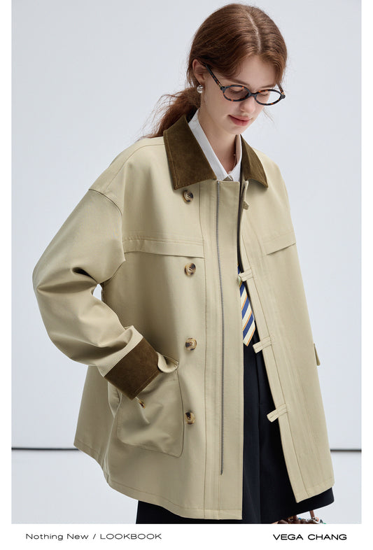 Corduroy Trim Double Closure Short Twill Coat