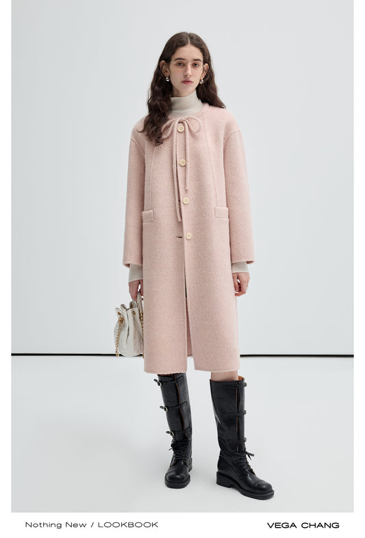 Wool-Silk Blend Collarless Tie Neck Coat
