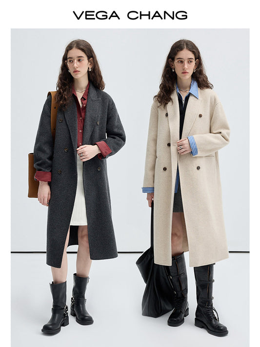 Wool Silk Blend Long Double-Breasted Coat