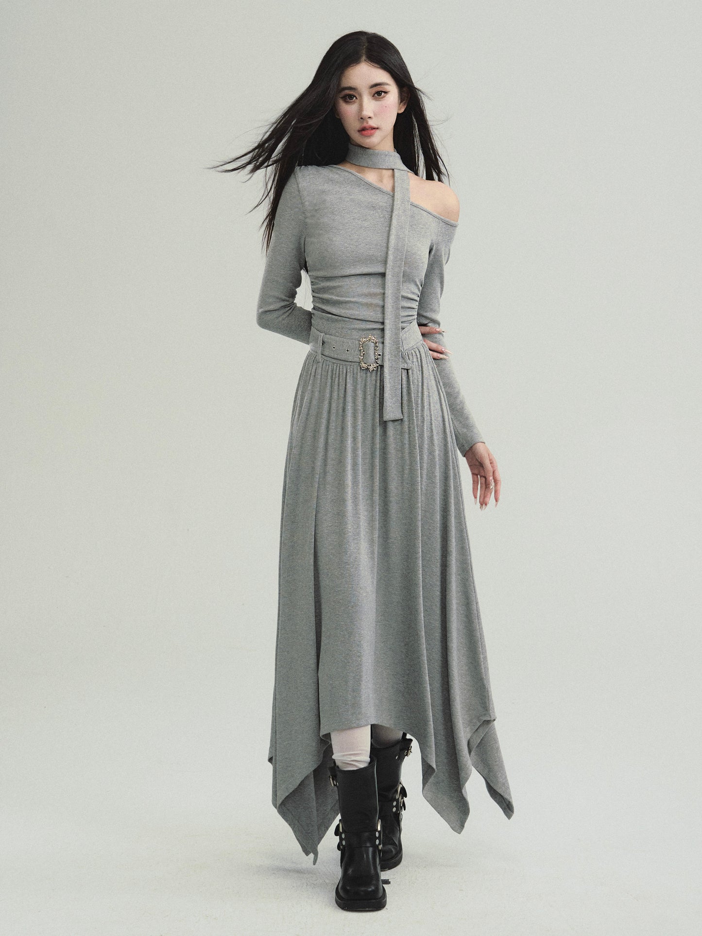 One-Shoulder Cotton Dress With Matching Scarf