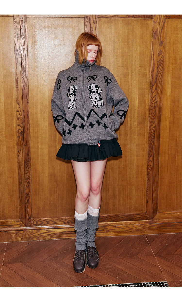 Dog Pattern Turtle Neck Zip Front Cardigan
