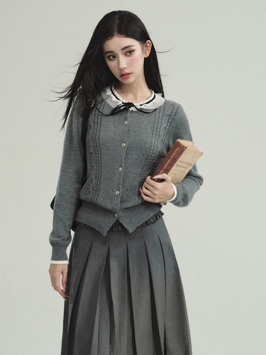 Tie-Neck Lace Collar Cable Knit Cardigan