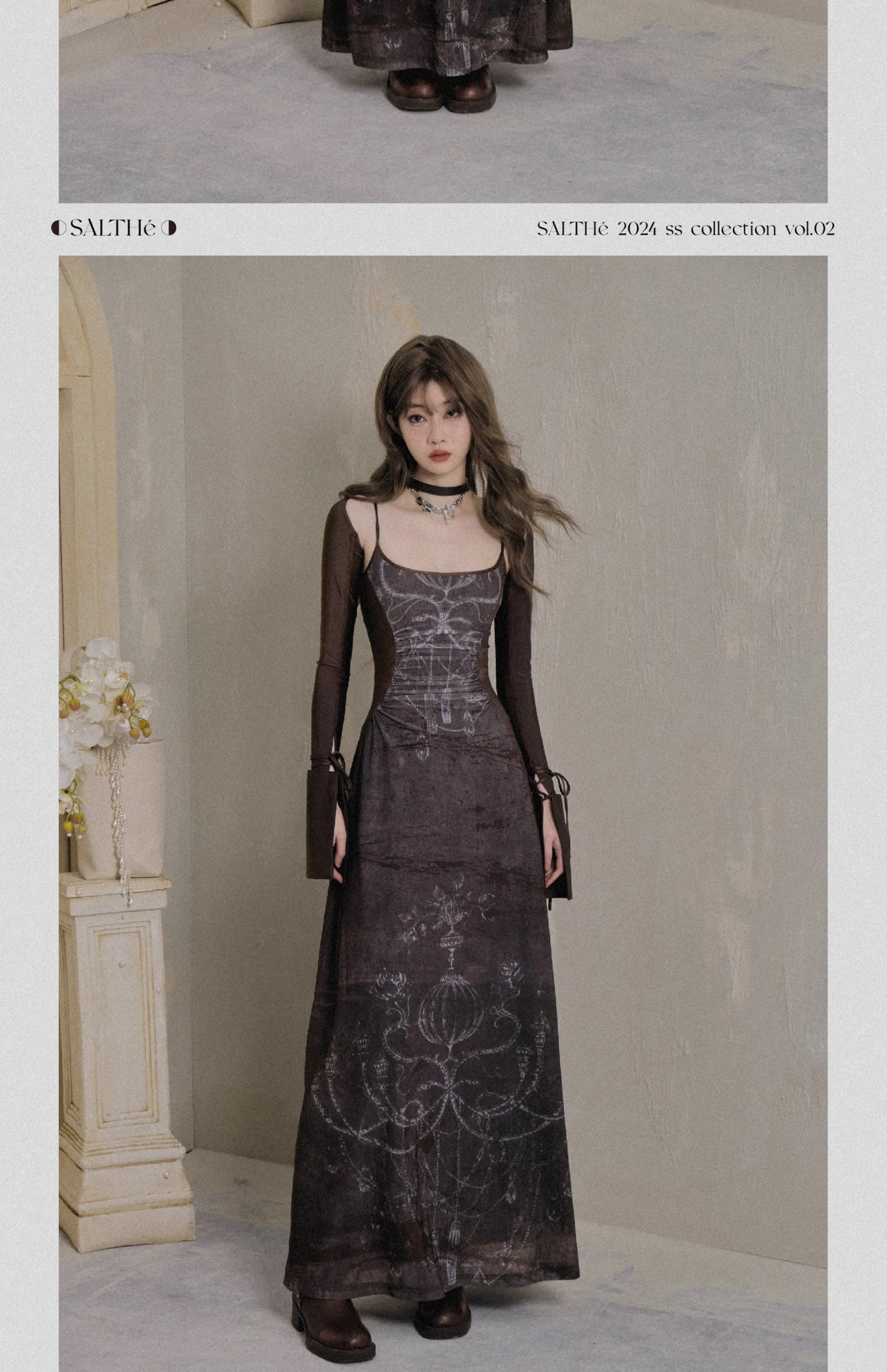 Fitted Printed Long Dress And Extended Sleeve Top