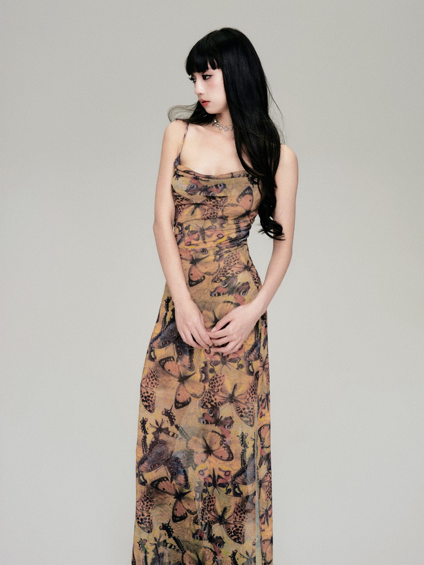 Butterfly Print Elastic Mesh Open Back Cami Dress