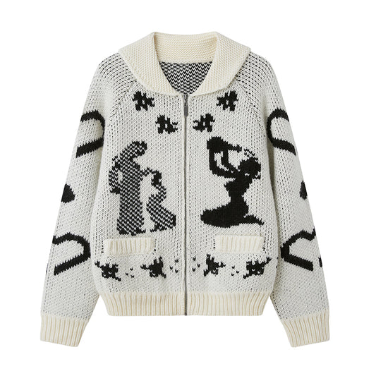 Fair Isle Zip Cardigan With Art Motif