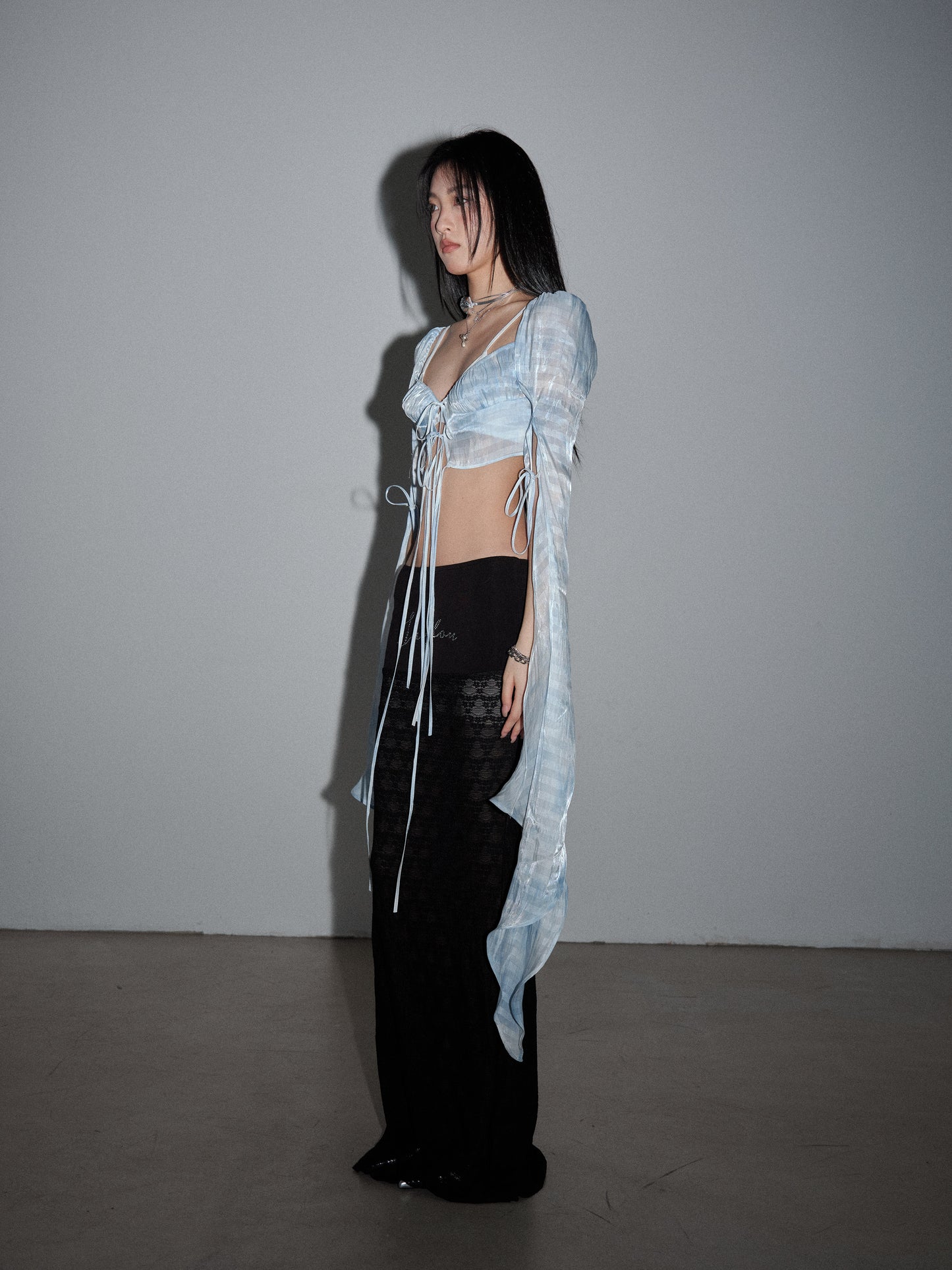 Lace-Up Front Extended Sleeve Flowing Cropped Top