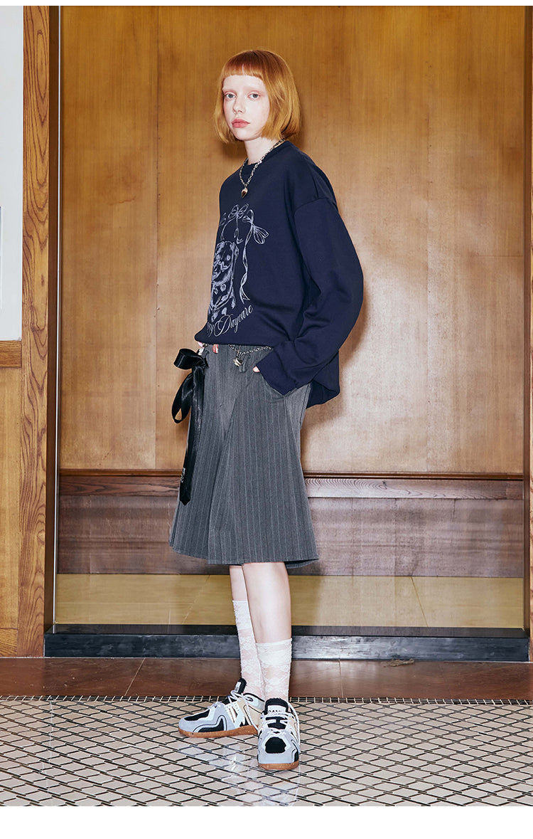 Double Waist Stripe Pleated Wide-Leg Culottes