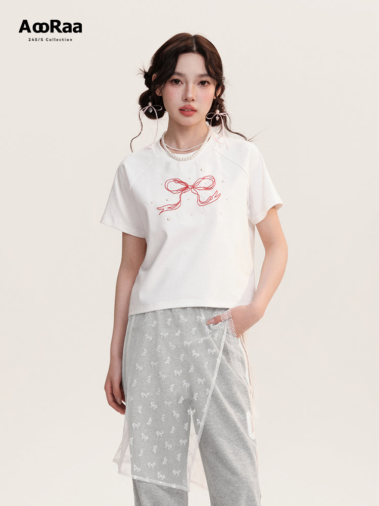 Bow Embroidery Beaded Round Neck T-Shirt