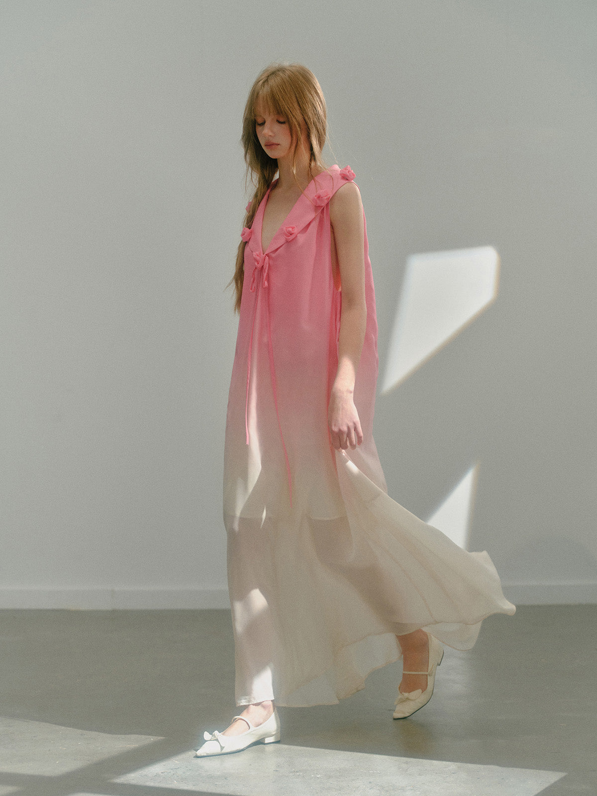 Flower Collar Gradient Chiffon Flowy Long Dress