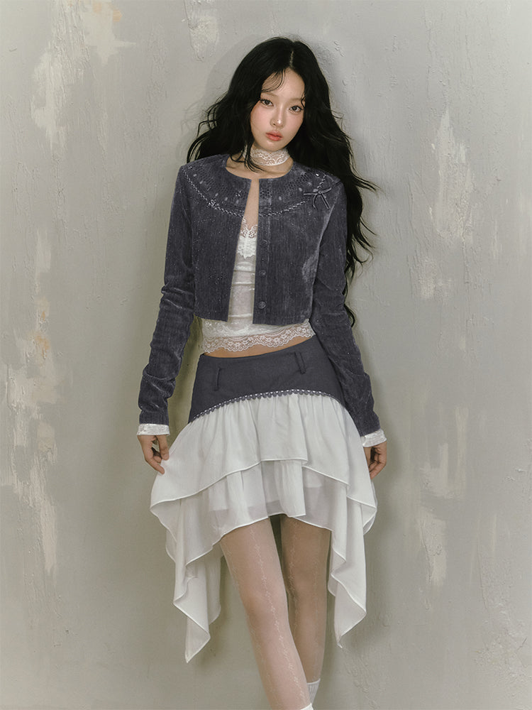 Buttoned Chenille Jacket With Metallic Yarn