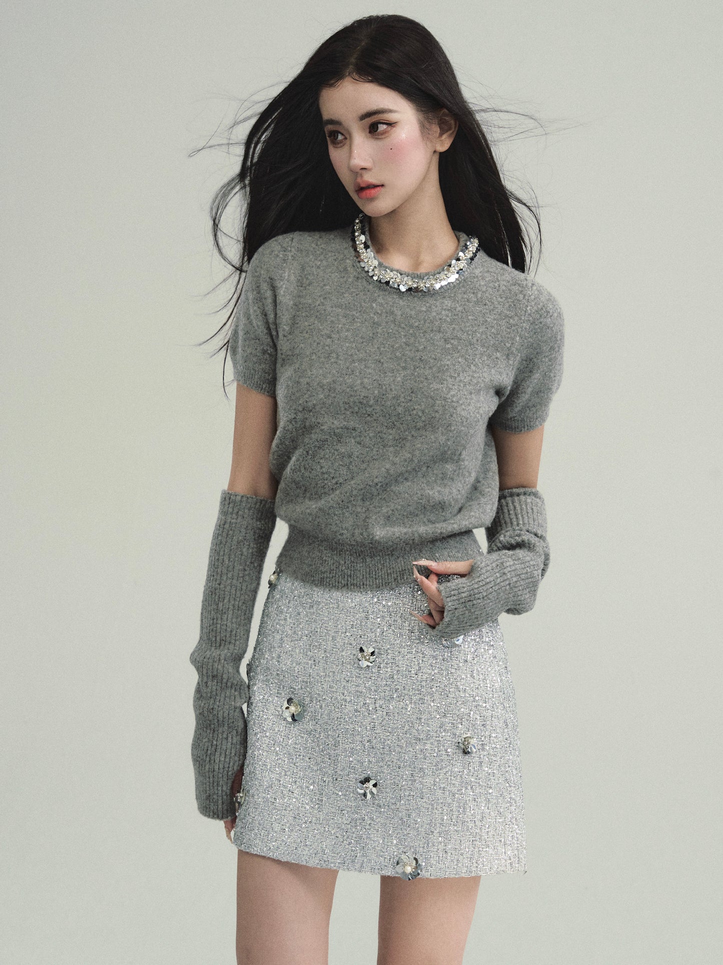 Sequined Neck Knit T-Shirt With Matching Sleeves