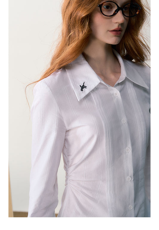 Pin Tuck Embroidery Fitted Cotton Shirt