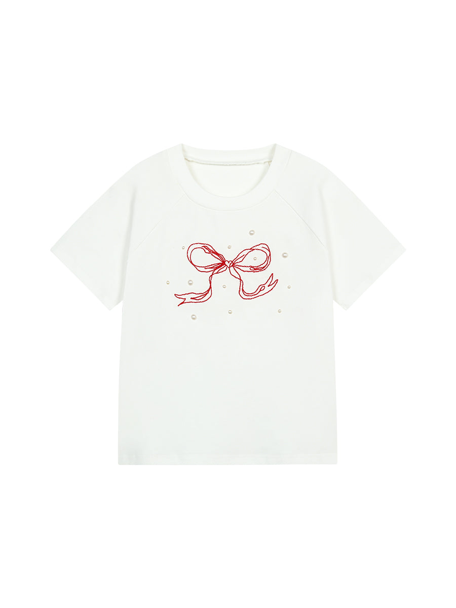 Bow Embroidery Beaded Round Neck T-Shirt
