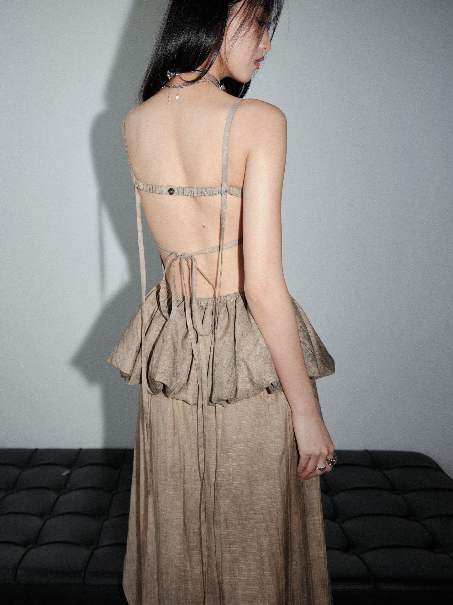 Draped Open Back Balloon Hem Two-Piece Dress