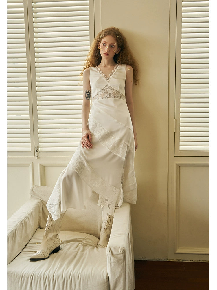 Asymmetrical Sleeveless Slip Styled Dress With Lace Waist