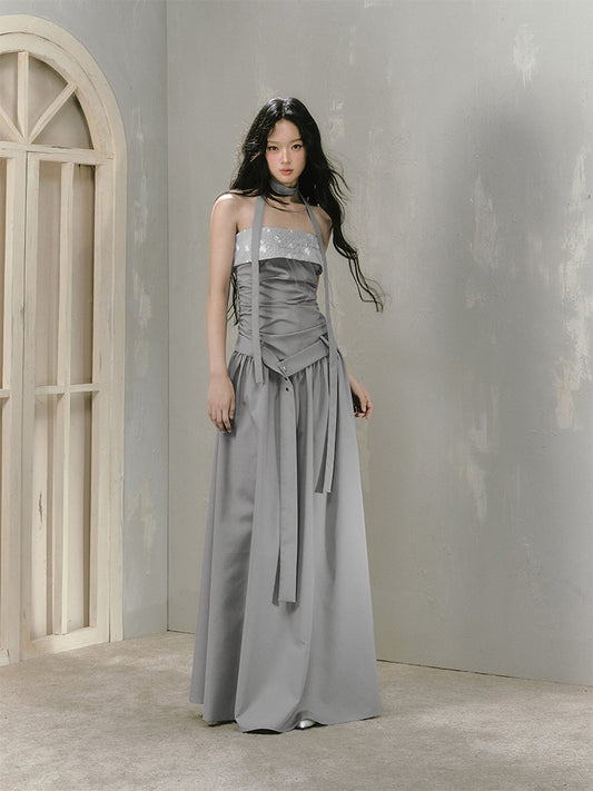 Embroidered Ruched Dress With Neckband And Belt