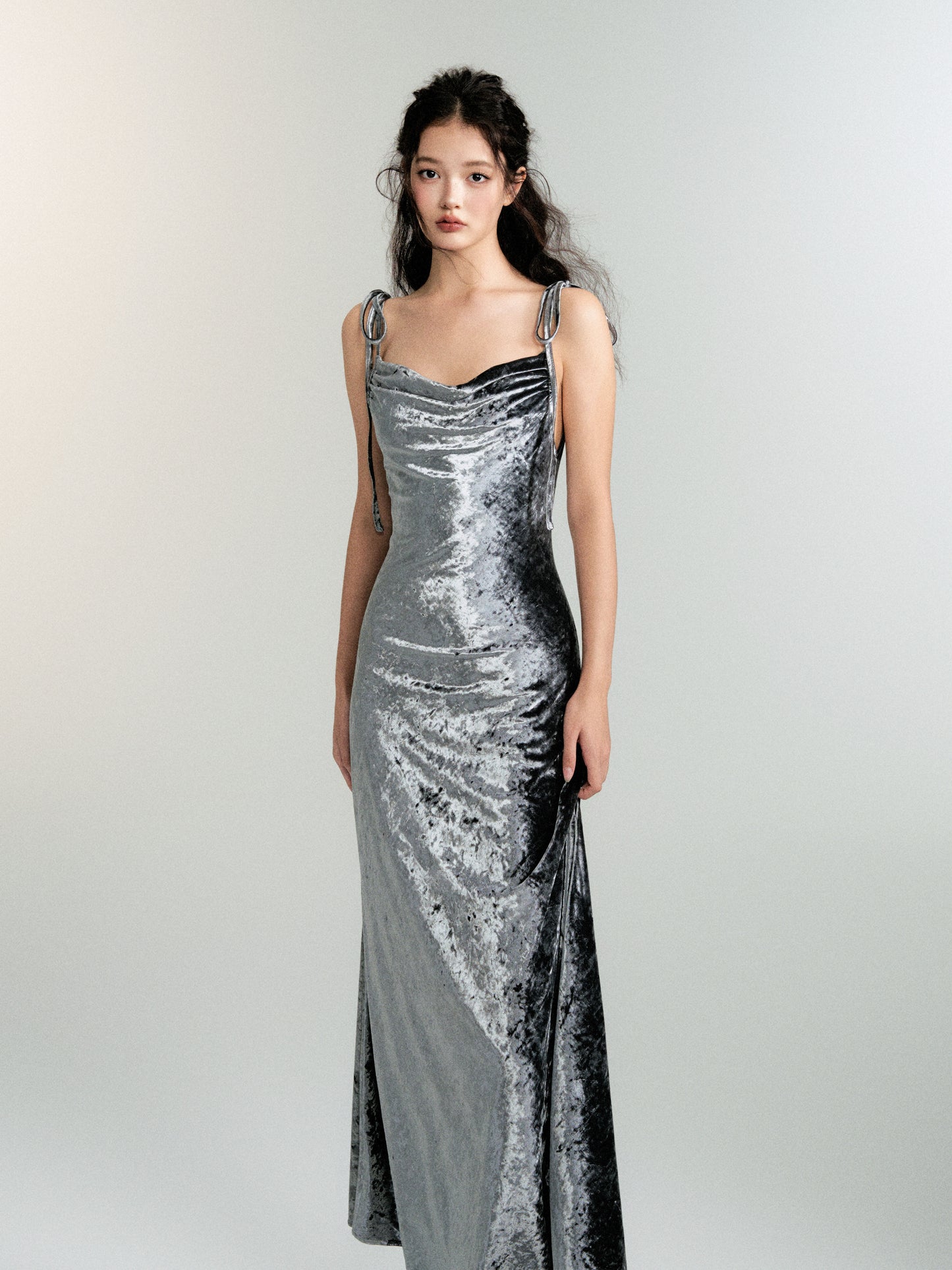 Velvet Flowing Open Back Evening Strap Dress