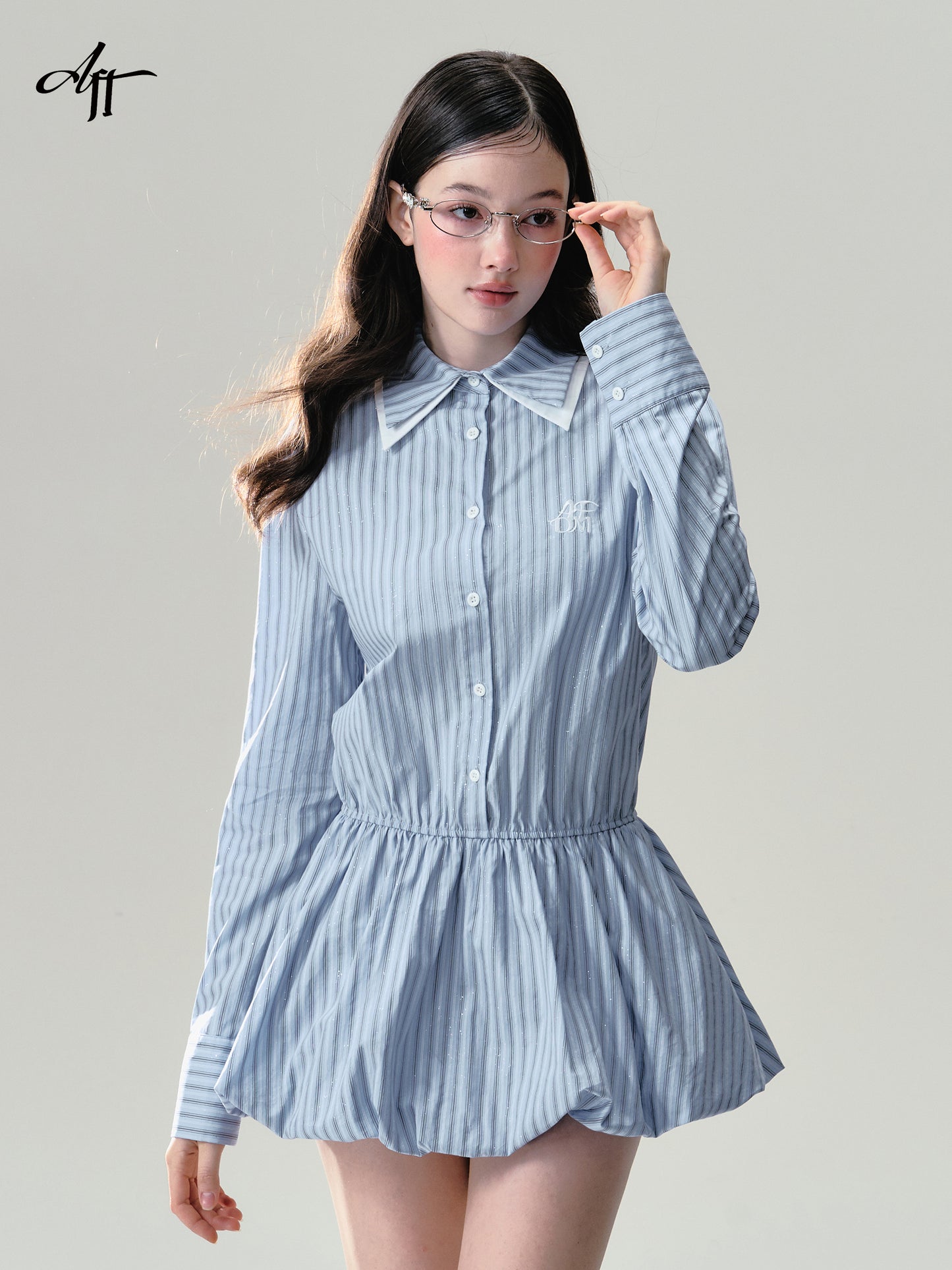 Layered Collar Glitter Striped Balloon Shirt Dress