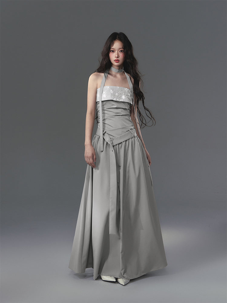 Embroidered Ruched Dress With Neckband And Belt